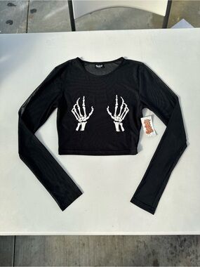 Spencer’s: Women’s Black Sheer Mesh Skeleton Graphic Round Neck Crop Top, S/M